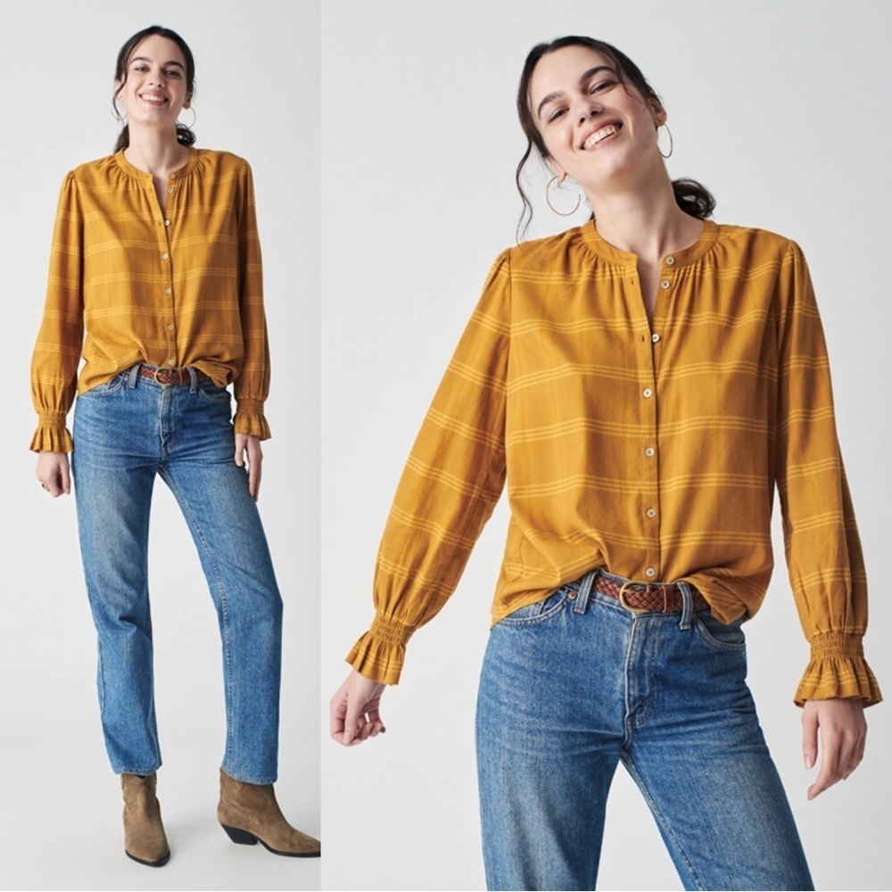 Faherty Mustard Yellow Plaid Button-Up Blouse